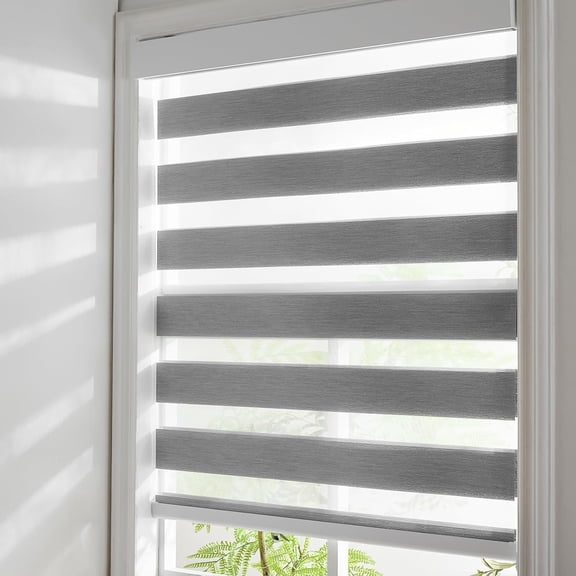 Cordless Zebra Roller Shades, Dual Layer Blinds for Day & Night Light Control, 28"W x 72"H, Black Gray
