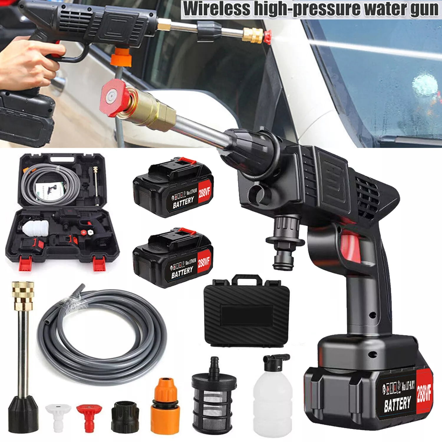 288VF Cordless Pressure Washer with 2 Batteries & Foam Water Bottle - 800W Electric Power Washer, 30Bar High Pressure, 5m Hose for Cars, Driveway, Patio Cleaning
