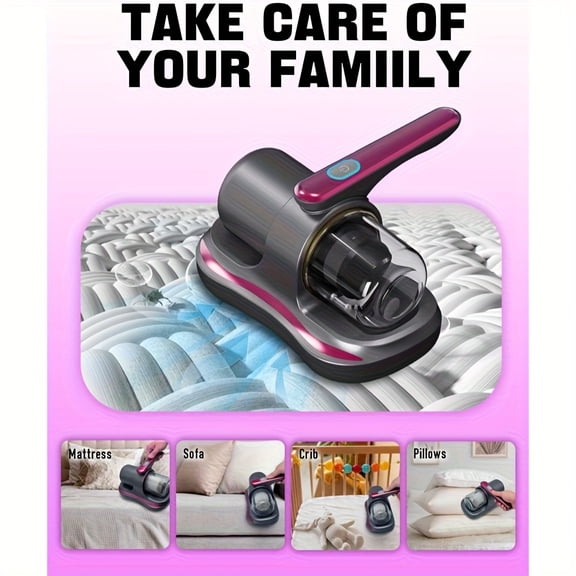 Cordless rechargeable bed vacuum with UV light. High suction, low noise and washable filter. Perfect for deep cleaning beds, sofas and pet hair removal.