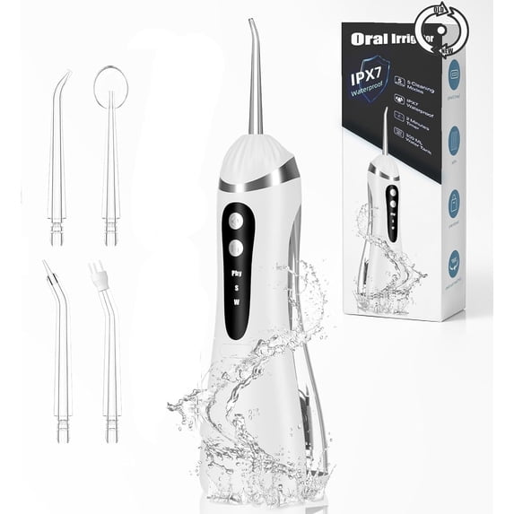 Cordless water flosser - Rechargeable portable, equipped with 300ml large capacity water tank, 4 nozzles and IPX7 waterproof, for teeth cleaning, dental care and travel