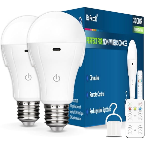 CordlessGlow Battery Operated Light Bulb with Remote3 Colors + Dimmable + Touch Control Recharable Light Bulbs for no-Hardwired Fixture, up to 24 Hours,2Pack