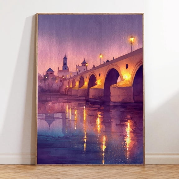 Cordoba Spain Roman Bridge Evening Cityscape Wall Art, Unframed Paper Print Size 8x12