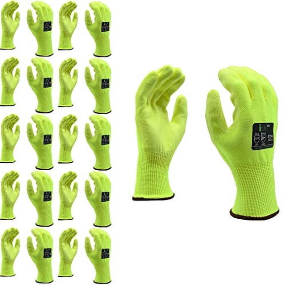 10-Pack of Cordova 3704L Ion-Hv Work Gloves, Hi-Vis Yellow 13-Gauge HPPE Shell, Hi-Vis Yellow Polyurethane Palm Coating, ANSI Cut Level A4, Large