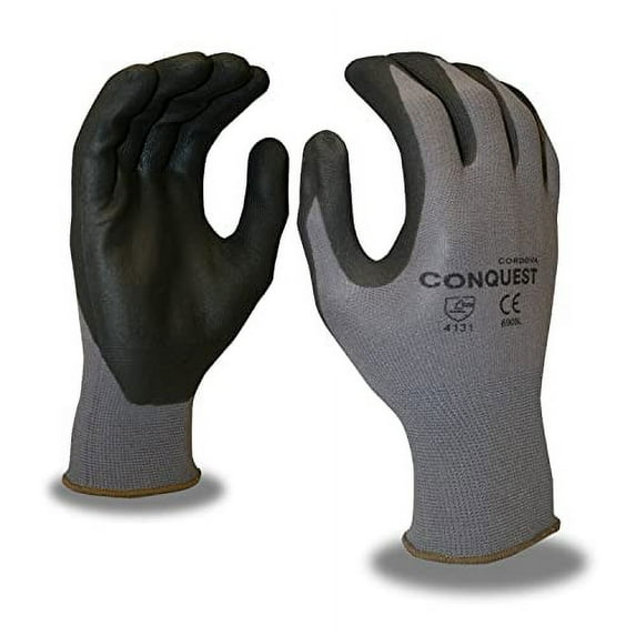 12-Pack of Cordova 6905L Conquest Work Gloves, Premium, Gray Nylon/Spandex Shell, Black Foam Nitrile/Pu Palm Coating, Large