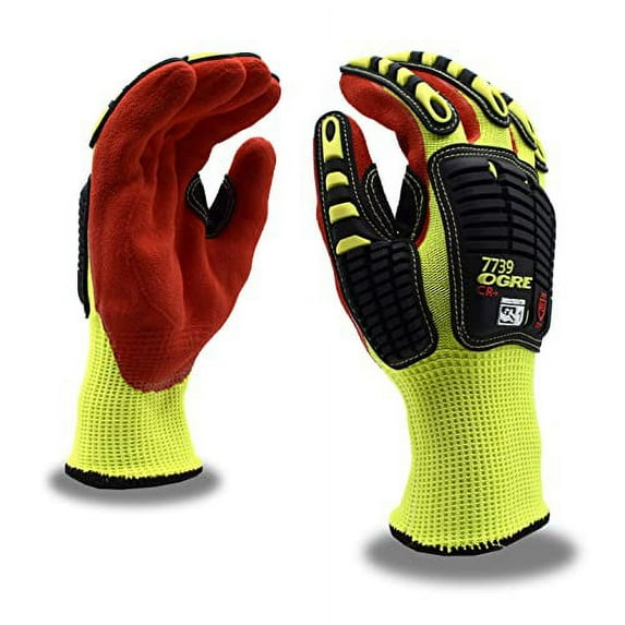 Cordova 7739S OGRE-CR+ 13-Gauge Gloves, Hi-Vis Yellow HPPE/Glass Shell, TPR Protectors, Interior Foam Palm Padding, Red Sandy Nitrile Palm Coating, ANSI Cut Level A4, Small