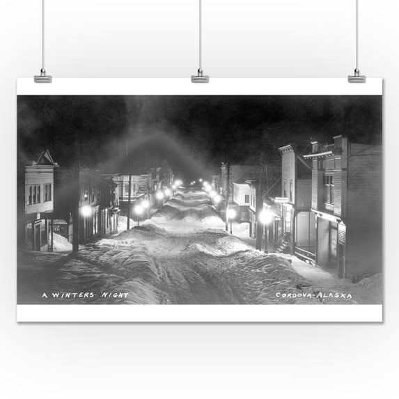 Cordova, Alaska - Nighttime View of Main Street (24x36 Giclee Gallery Print, Wall Decor Travel Poster)