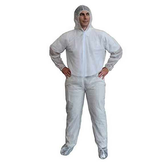 Cordova COEHBXL Economy Weight, White Polypropylene Coverall with Hood & Boots, Zipper Front, Elastic at Hood, Boots, Wrists & Ankles, X-Large, 25-Pack