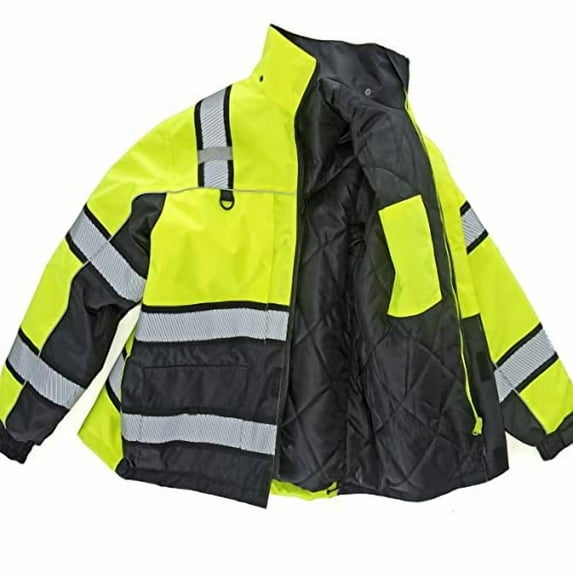 Cordova PK401-L Reptyle Type R, Class III, Lime Parka, Quilted Lining, Reflective Tape On Black Contrasting Stripes, PU Coated Polyester Shell With Storm Flap, Concealed/Detachable Hood, Large