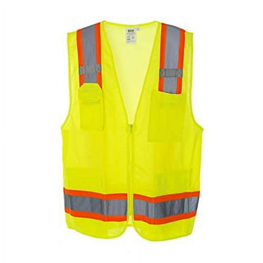 Cordova VS286-L Type R, Class II, Lime Surveyors Vest, Solid Front And Mesh Back, Two-Tone Contrasting Trim/Reflective Stripes, Zipper Closure, Multiple Pockets, Large