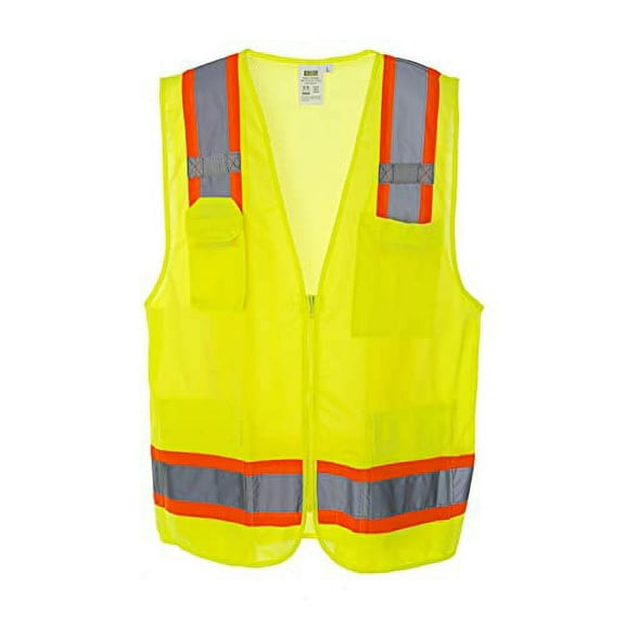 Cordova VS286-M Type R, Class II, Lime Surveyors Vest, Solid Front And Mesh Back, Two-Tone Contrasting Trim/Reflective Stripes, Zipper Closure, Multiple Pockets, Medium