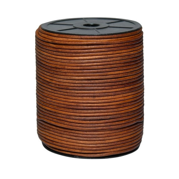 Cords Essentials Round Genuine Leather String Cord, Rope for Jewelry Making, Necklaces, Bracelets, Kumihimo Braiding, Wraps, Crafts and Hobby Projects (Distressed SADDLE, 3.0 MM)