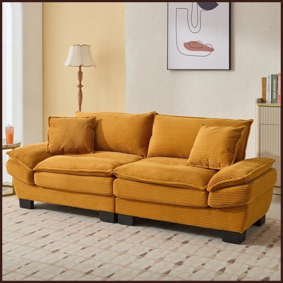 Corduroy 2-Seat Loveseat Sofa with Pillows  23 Deep Seat, Sturdy Frame for Living Room Bedroom | Yellow | Upholstered | Cushion Back