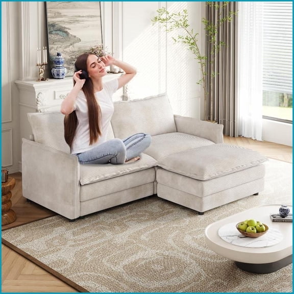 Corduroy 2-Seater L-Shaped Sectional Sofa with Ottoman for Living Room - Solid Wood Frame & Deep Comfort