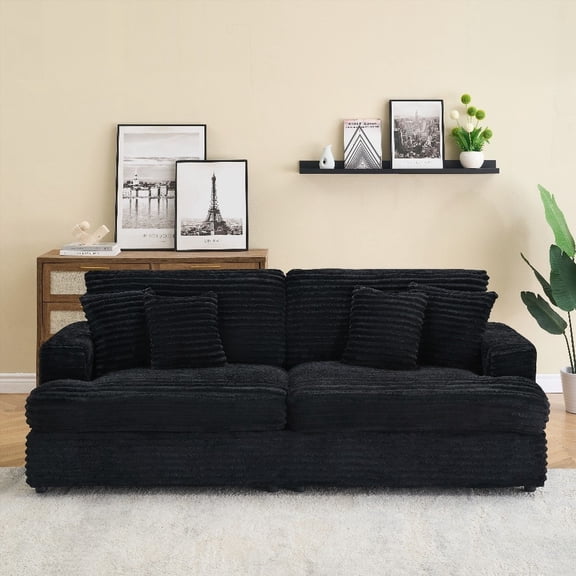 Corduroy 3-seater sofa with 4 toss pillows, soft and comfortable, suitable for various needs like sitting, reclining or lying. Easy to assemble with included hardware.