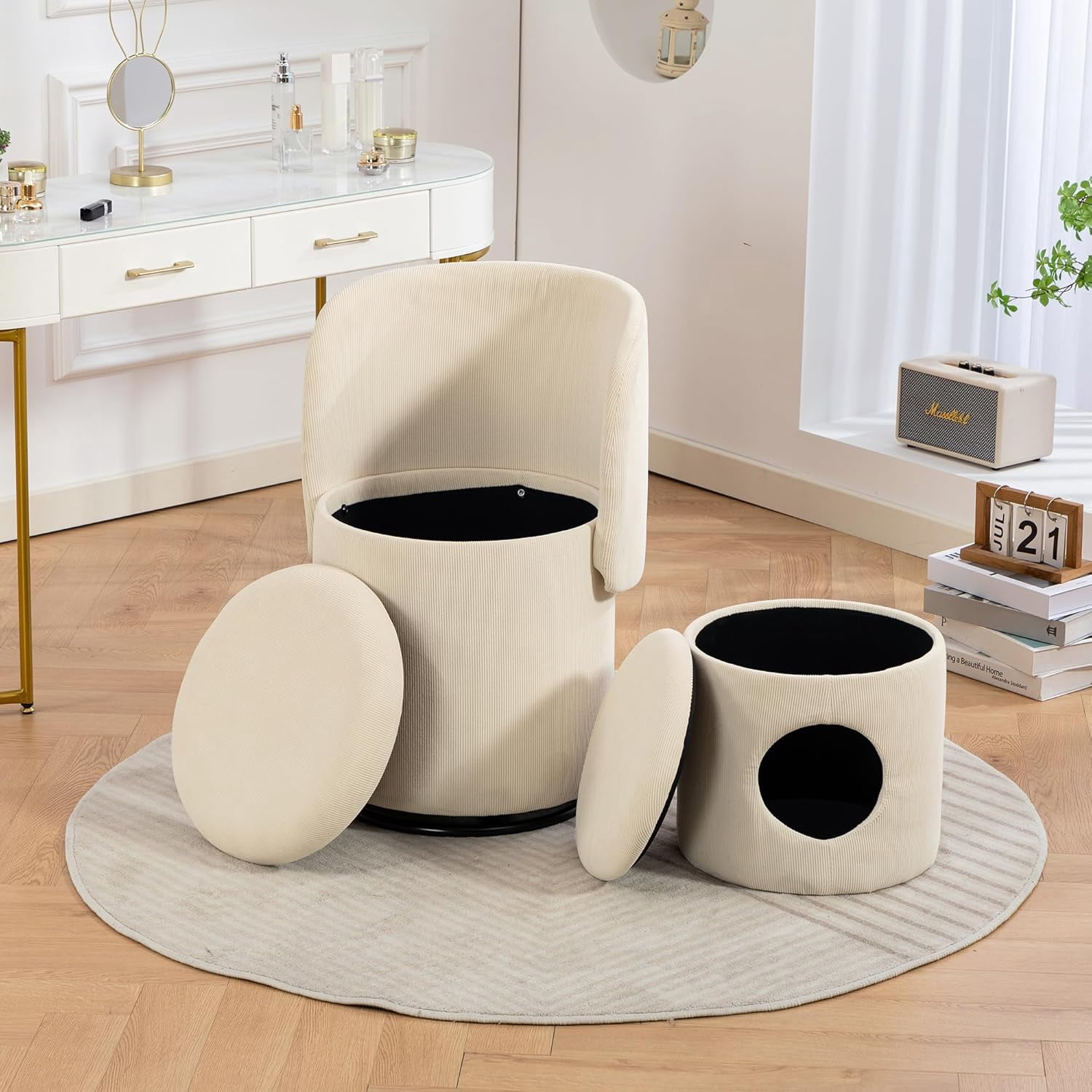 Corduroy 360° Rotating Storage Barrel Chair with Removable Cat Bed Footstool for Vanity, Dressing Table & Dining Room, Living Room Accent Chair with Pet-Friendly Design