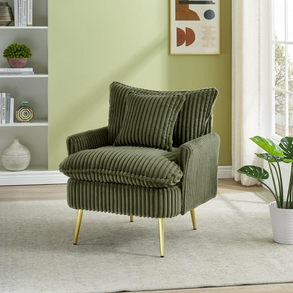 Corduroy Accent Chair with Throw Pillow,Single Armchair with Gold Metal Legs,Ergonomic Backrest and Armrests for Living Room Bedroom Office Apartment,Green