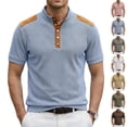 thumbnail image 1 of Corduroy Accent Polo Shirts for Men Stand Collar Short Sleeve Quarter Button Placket Casual Loose Fit Waffle Fabric Daily Wear Polo Shirts, #01 Blue, S, 1 of 4