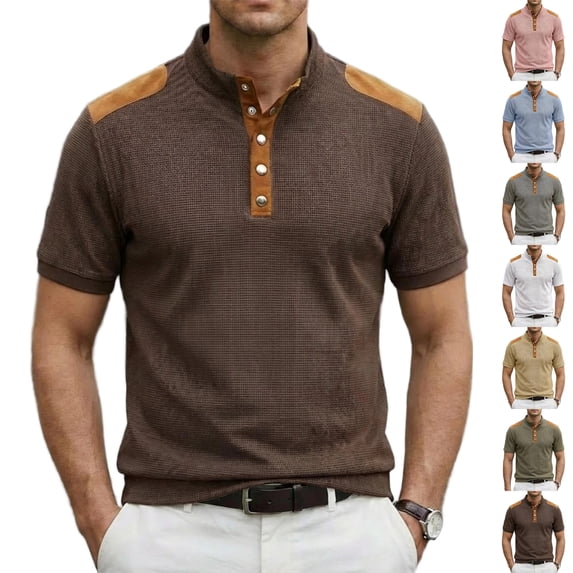 Corduroy Accent Polo Shirts for Men Stand Collar Short Sleeve Quarter Button Placket Casual Loose Fit Waffle Fabric Daily Wear Polo Shirts, #01 Brown, L