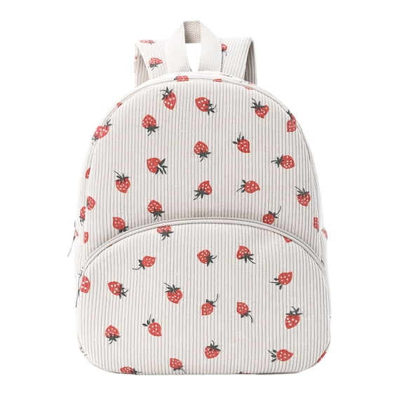 Corduroy All Over Strawberry Print Backpack Multi Front Pocket Lightweight Waterproof Back To School Casual Daypack