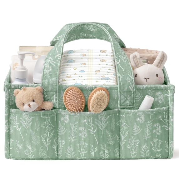 Corduroy Baby Diaper Caddy Organizer, Portable Nursery Storage Basket with 5 Removable Dividers, Large Diaper Organizer for Newborn Nursery Essentials, Baby Shower Gift, Green Botanical