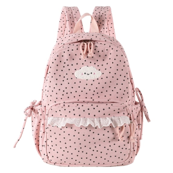 Corduroy Backpack, Polka Dot School Backpack with Bowknot, Lace Trim Schoolbag for Travel Shopping Outdoor, Pink