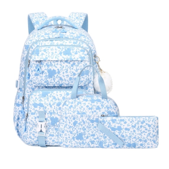 Corduroy Backpack Set 3 Piece School Bag Set Blue Printed Backpack for Teens Large Capacity Student Backpack with Crossbody Bag Travel Daypack Gift for Students Back to School Essentials