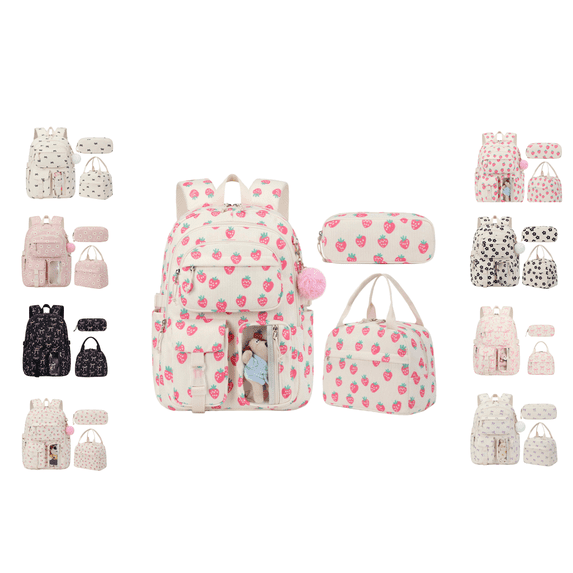 Corduroy Backpack Set, Eye-Catching Strawberry Motif Backpack Combo With Detachable Pom Pom Decoration, Excellent Multipurpose Carry Bag For Camping Activities And Urban Daily Commuting A