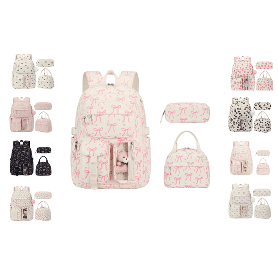 Corduroy Backpack Set, Eye-Catching Strawberry Motif Backpack Combo With Detachable Pom Pom Decoration, Excellent Multipurpose Carry Bag For Camping Activities And Urban Daily Commuting G