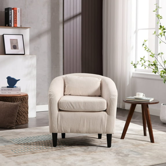Corduroy Barrel Chair with Back Cushion, Century Modern Style Decorative Chair, Armchair with Thick Cushions and Pillows, Comfy Single Sofa Chair with Wooden Legs, for Living Room, Bedroom, Beige