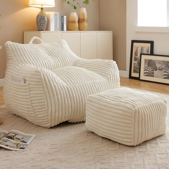 Corduroy Bean Bag Chair with Filler, 27.5'' Cozy Bean Bag Chairs with Ottoman, Tufted Soft Stuffed Filling & Memory Foam, Fluffy and Lazy Sofa with Side Pocket for Relax/Gaming (Beige)
