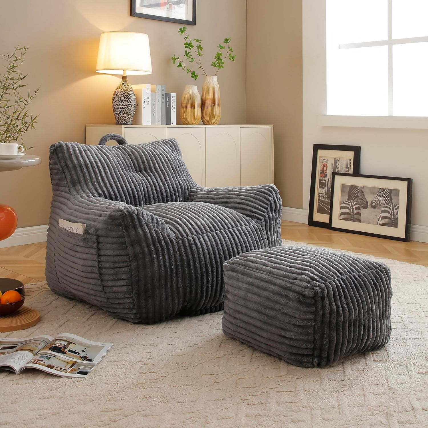 Corduroy Bean Bag Chair with Ottoman, Giant Bean Bag Sofa with Side ...