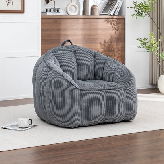 Corduroy Bean Bag Chair, Oversized Lounge Chair with Handle, Soft Upholstered Round Accent Chair for Living Room Bedroom Kids Room (Gray)