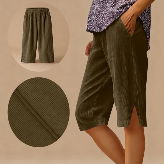 Corduroy Bermuda Shorts for Women Knee Length Side Button Slit Elastic High Waisted Solid Color Lounge Summer Shorts Trendy 2026 Brown XL