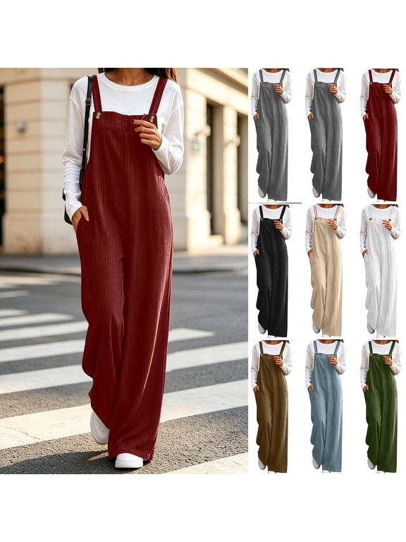Corduroy Bib Overalls For Women Adjustable Strap Wide Leg Sleeveless Jumpsuit Fall Casual Baggy Fashion Long Rompers S-XXL
