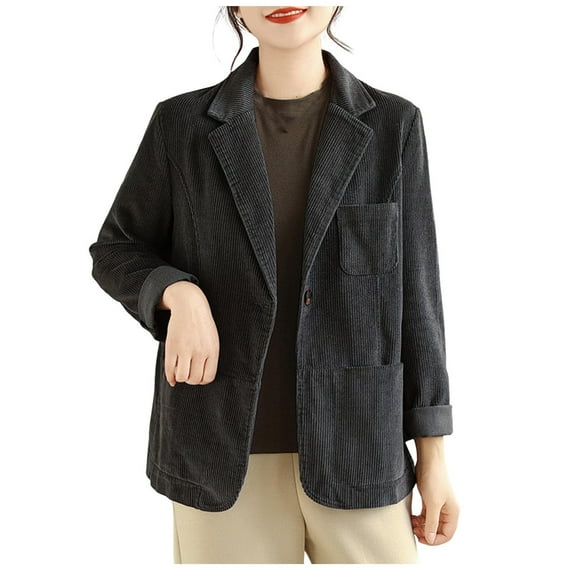 Corduroy Blazer Jacket Womens Fall Coat Casual Dressy Suit Jackets 3 Pockets Office Blazer Coats (2XL, Gray)