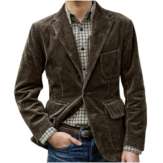 Corduroy Blazer Men Big and Tall Retro Casual Single Breasted Suit Jackets Solid Color Long Sleeve Lapel Business Coats (Brown M)