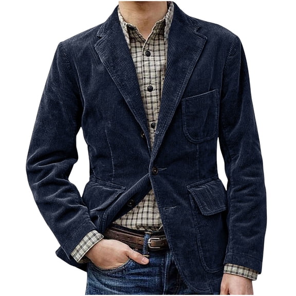 Corduroy Blazer Men Big and Tall Retro Casual Single Breasted Suit Jackets Solid Color Long Sleeve Lapel Business Coats (Navy XL)