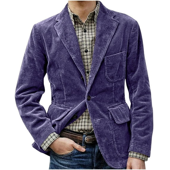 Corduroy Blazer Men Big and Tall Retro Casual Single Breasted Suit Jackets Solid Color Long Sleeve Lapel Business Coats (Purple XL)