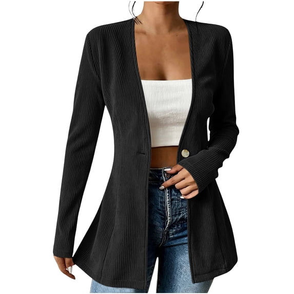 Corduroy Blazer for Women Casual One Button Flared Collarless Blazers Long Sleeve Office Work Suit Jackets Black S