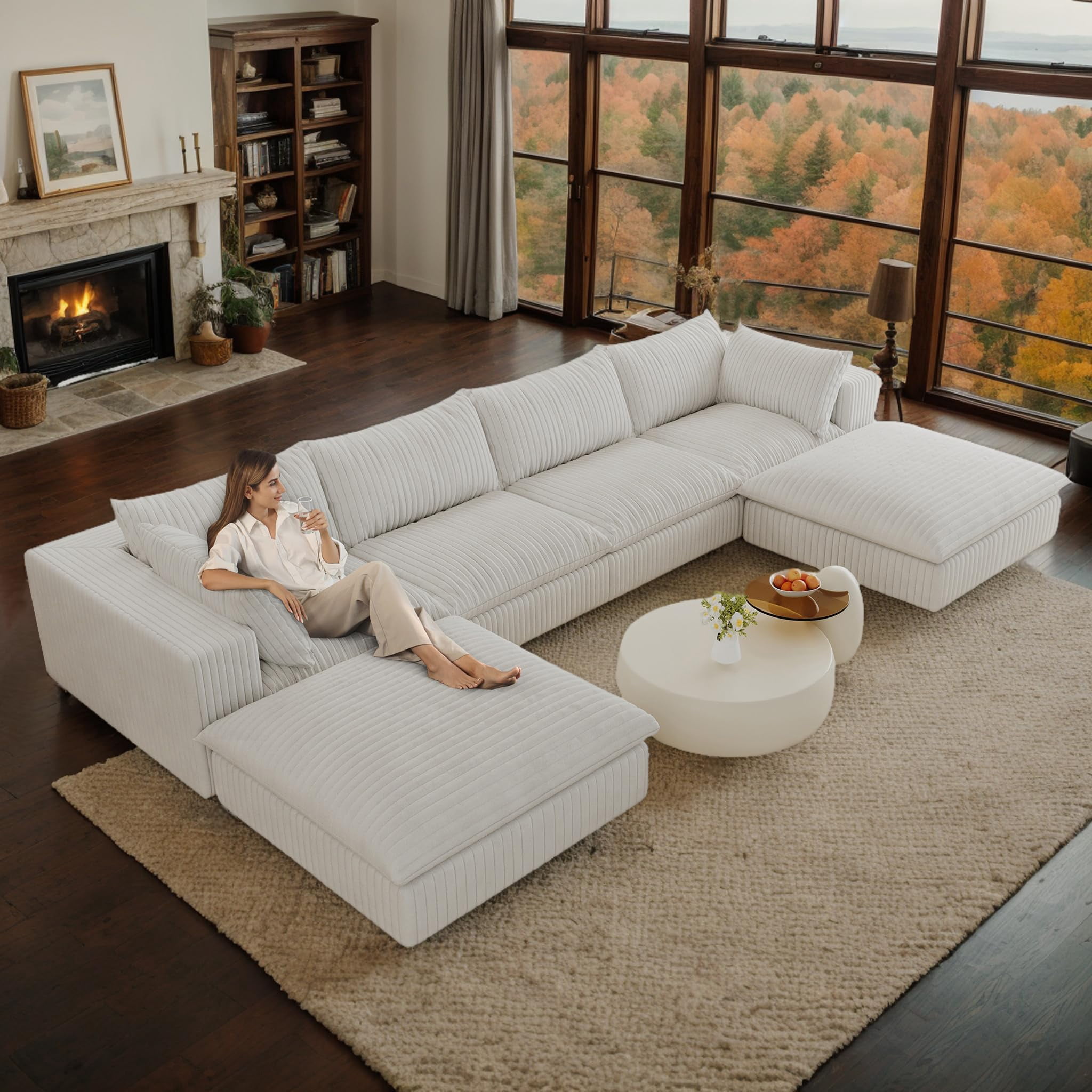Corduroy Boneless Sofa Couch with Ottoman, Thick Cushion & Memory Foam ...