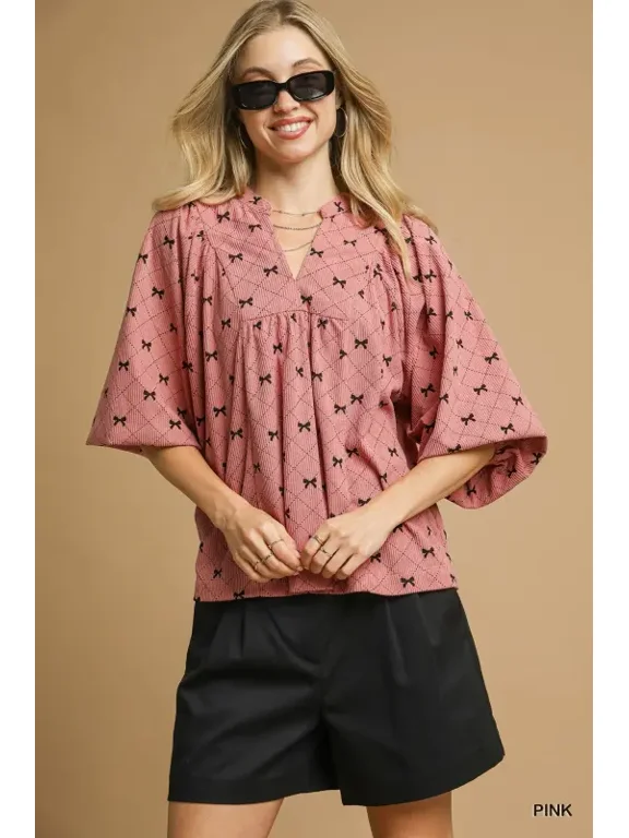 Corduroy Bow Print Balloon Sleeve Blouse