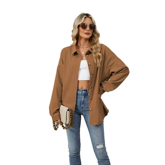 Corduroy Button Down Shirts for Women Dressy Casual Long Sleeve Loose Fit Shacket with Pocket Caramel Color S