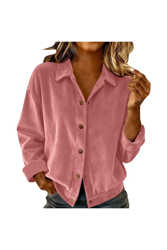 Corduroy Button Down Shirts for Women Long Sleeve Casual Lapel Collared Shackets Solid Color Womens Blouses (XL, Pink)