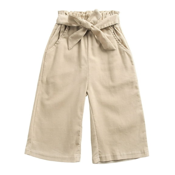 Corduroy Capri Pants for Girls Wide Leg Paper Bag Waist Capris Belted Ruffle Toddler Girl Fall Going Out Pants 5-6 Years, Khaki