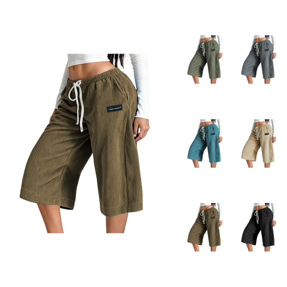Corduroy Capri Pants for Women Summer Elastic Waist Drawstring Wide Straight Leg Casual Cropped Pants with Pockets