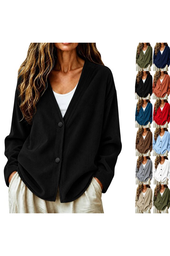 Corduroy Cardigan Sweaters for Women Button Up Loose V Neck Long Sleeve Comfy Jacket Dressy Elegant Basic Fall Tops Black M