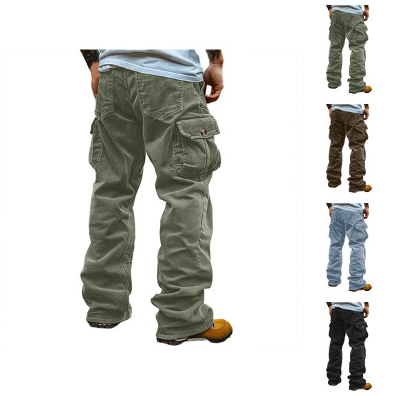 Corduroy Cargo Pants for Men Fall Winter Casual Loose Windproof Work Pants with Pockets Trousers