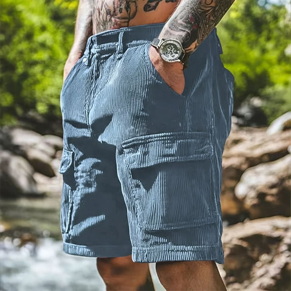 Corduroy Cargo Shorts for Men with Multi-Pockets Mens Casual Solid Color Elastic Waist Wide Leg Vintage Hiking Work Bermuda Short