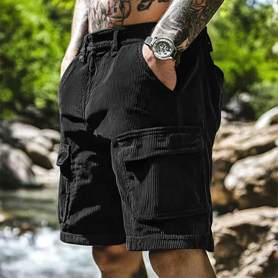 Corduroy Cargo Shorts for Men with Multi-Pockets Mens Casual Solid Color Elastic Waist Wide Leg Vintage Hiking Work Bermuda Short