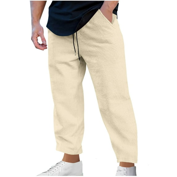 Corduroy Casual Pants for Men Drawstring Stretch Waist Loose Fit Warm Fall Winter Mens Pants